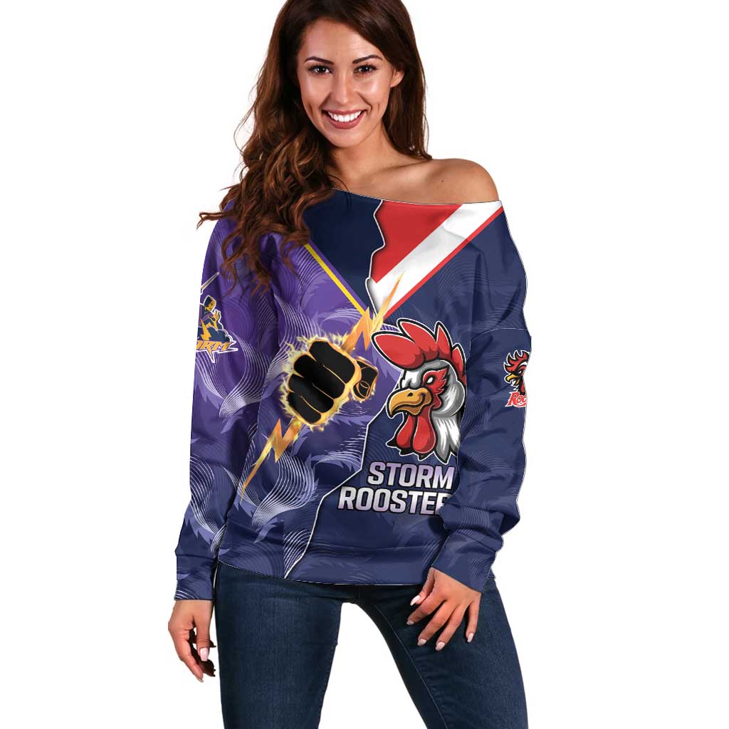 NRL Storm-Rooster Mascot Custom Off Shoulder Sweater Cracked Metal Style