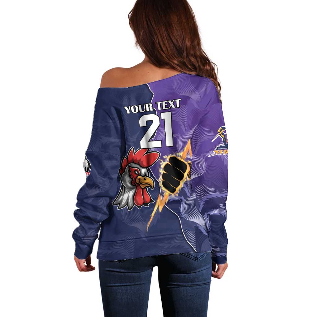 NRL Storm-Rooster Mascot Custom Off Shoulder Sweater Cracked Metal Style
