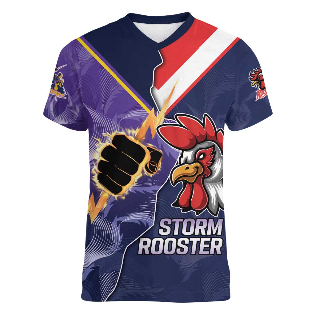 NRL Storm-Rooster Mascot Custom Women V-Neck T-Shirt Cracked Metal Style