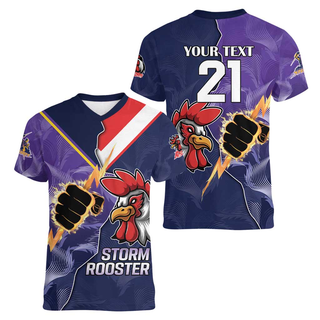 NRL Storm-Rooster Mascot Custom Women V-Neck T-Shirt Cracked Metal Style