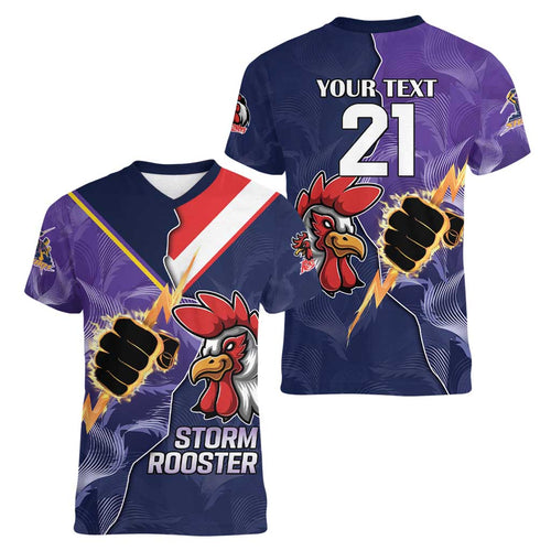 NRL Storm-Rooster Mascot Custom Women V-Neck T-Shirt Cracked Metal Style