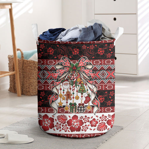 New Zealand Kowhaiwhai Taniko Christmas Bow Laundry Basket Meri Kirihimete
