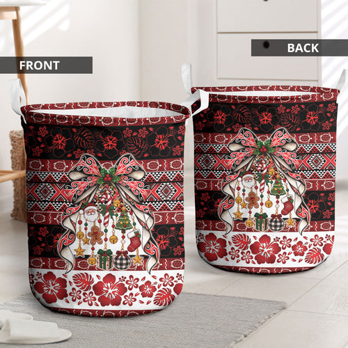 New Zealand Kowhaiwhai Taniko Christmas Bow Laundry Basket Meri Kirihimete