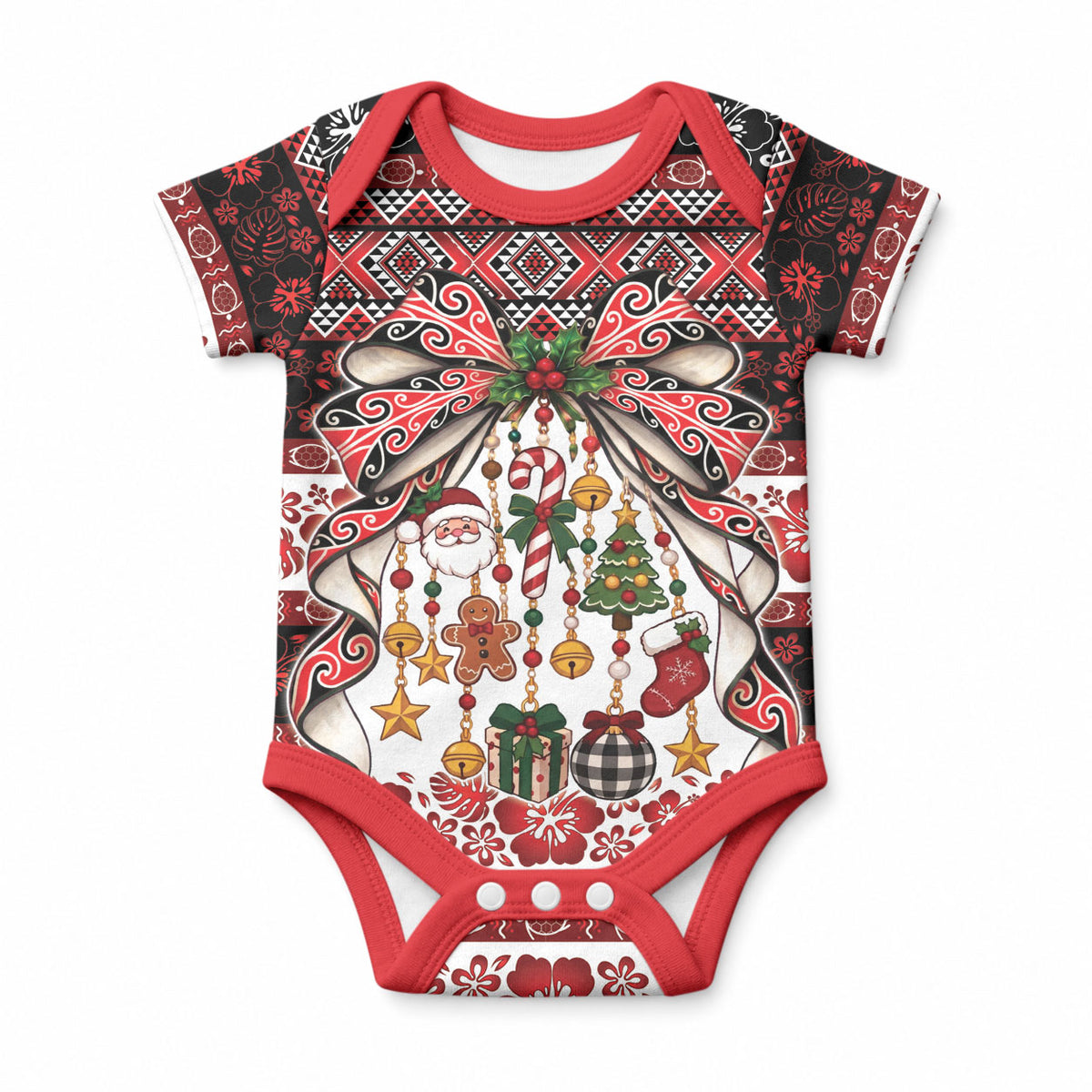 New Zealand Kowhaiwhai Taniko Christmas Bow Baby Onesie Meri Kirihimete