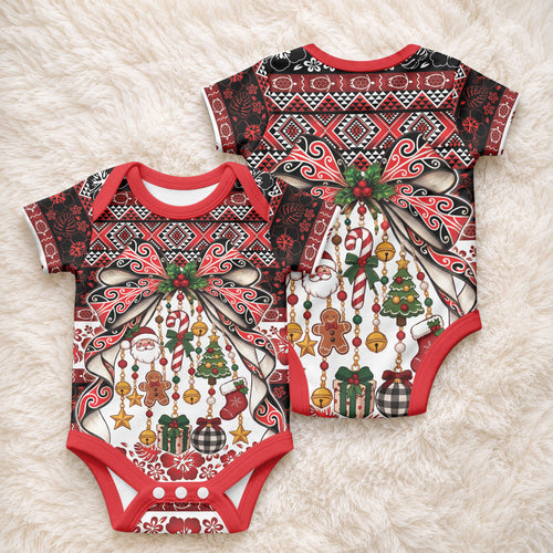 New Zealand Kowhaiwhai Taniko Christmas Bow Baby Onesie Meri Kirihimete