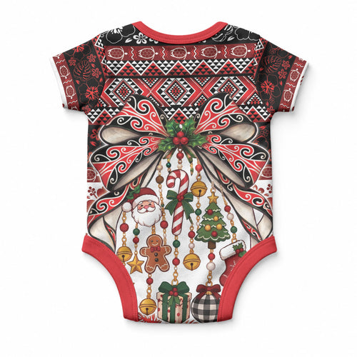New Zealand Kowhaiwhai Taniko Christmas Bow Baby Onesie Meri Kirihimete