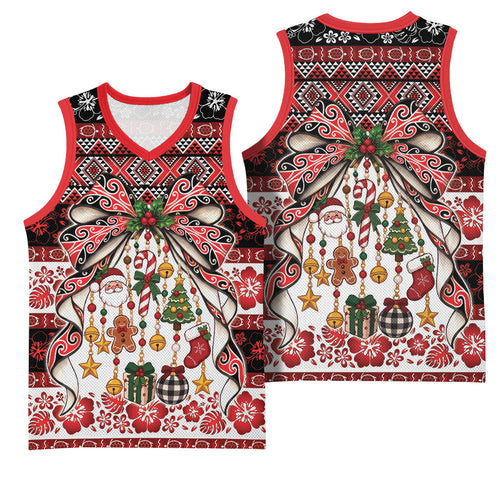New Zealand Kowhaiwhai Taniko Christmas Bow Basketball Jersey Meri Kirihimete