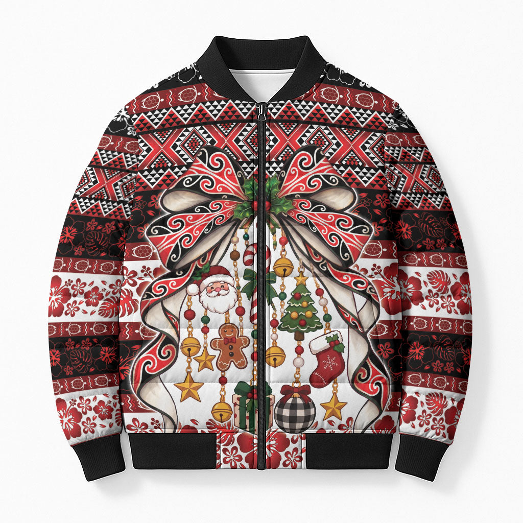 New Zealand Kowhaiwhai Taniko Christmas Bow Bomber Puffer Jacket Meri Kirihimete