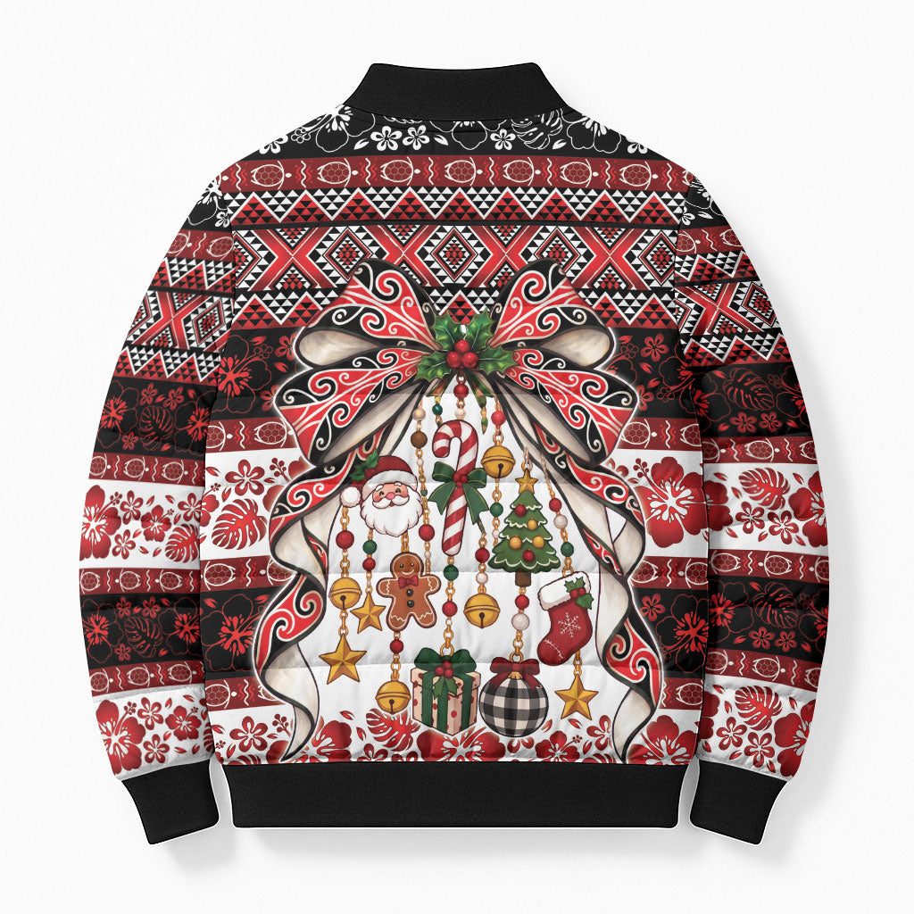 New Zealand Kowhaiwhai Taniko Christmas Bow Bomber Puffer Jacket Meri Kirihimete
