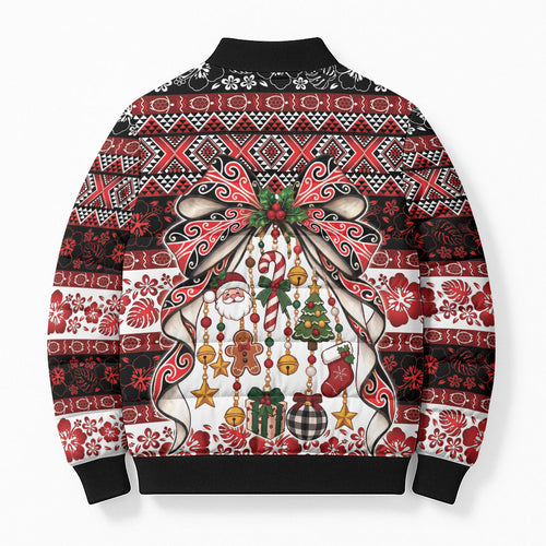 New Zealand Kowhaiwhai Taniko Christmas Bow Bomber Puffer Jacket Meri Kirihimete