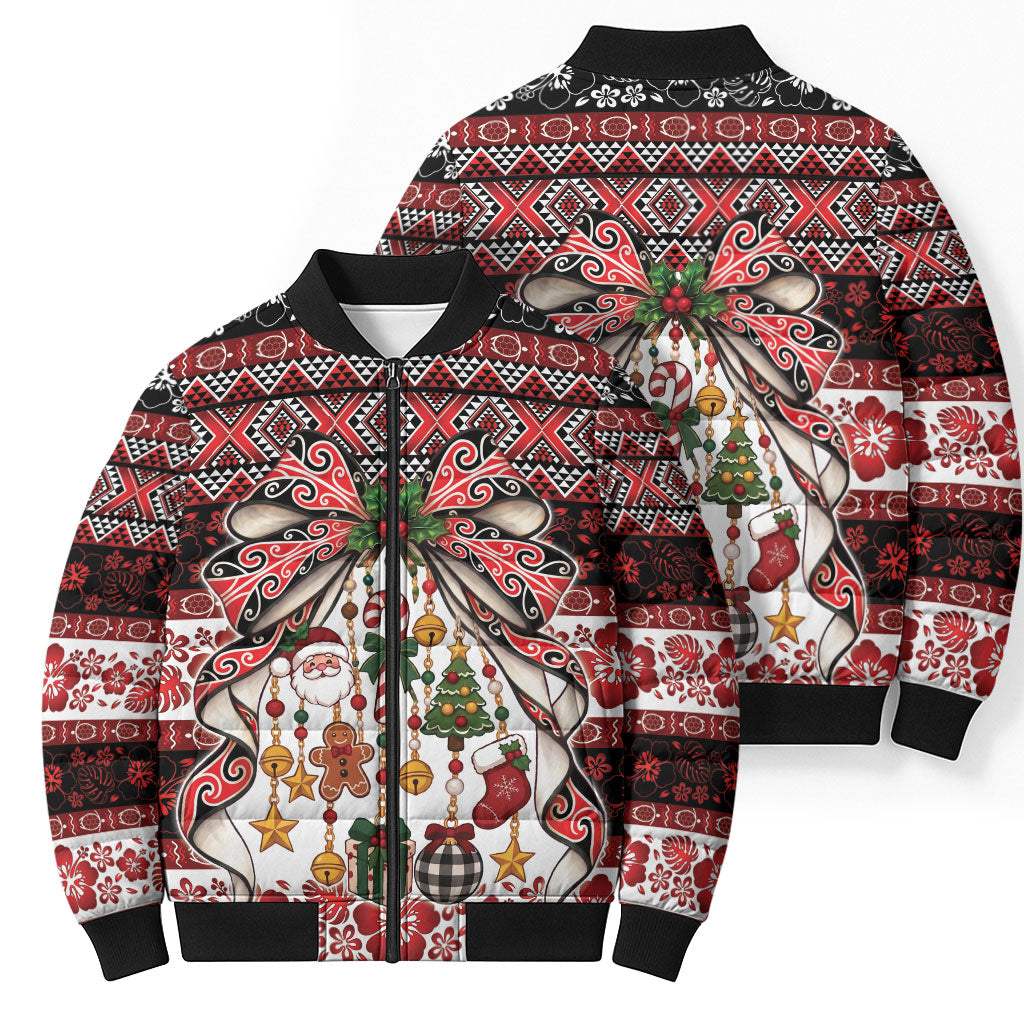 New Zealand Kowhaiwhai Taniko Christmas Bow Bomber Puffer Jacket Meri Kirihimete
