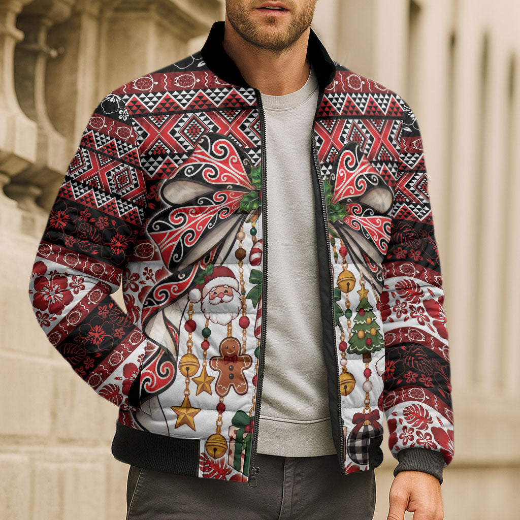 New Zealand Kowhaiwhai Taniko Christmas Bow Bomber Puffer Jacket Meri Kirihimete