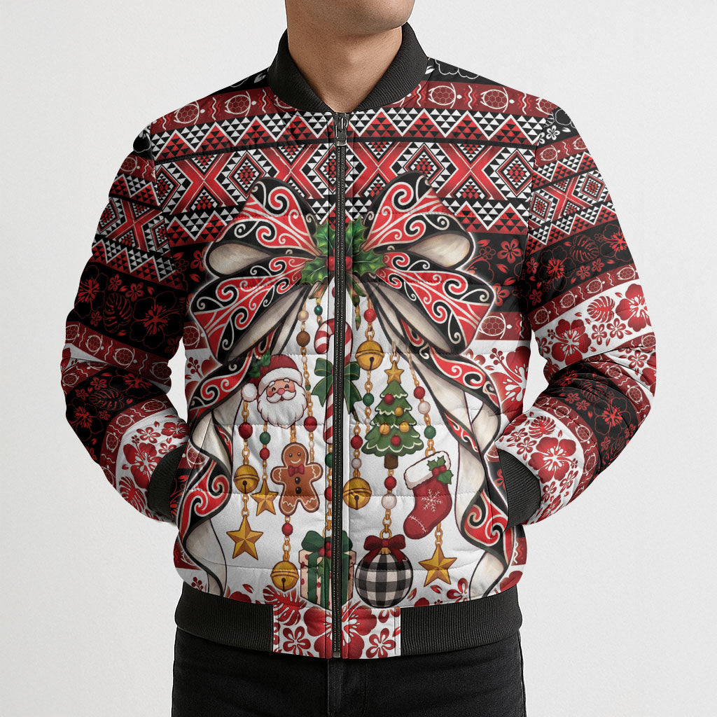 New Zealand Kowhaiwhai Taniko Christmas Bow Bomber Puffer Jacket Meri Kirihimete