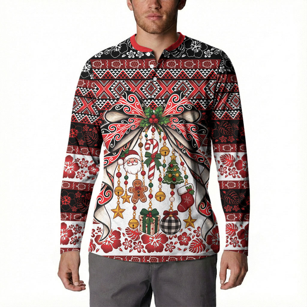 New Zealand Kowhaiwhai Taniko Christmas Bow Button Sweatshirt Meri Kirihimete