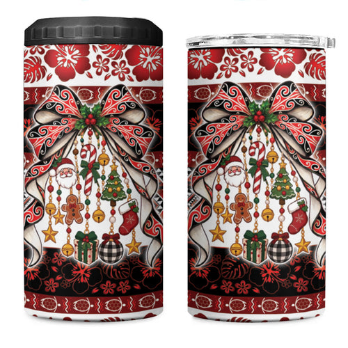 New Zealand Kowhaiwhai Taniko Christmas Bow 4 in 1 Can Cooler Tumbler Meri Kirihimete