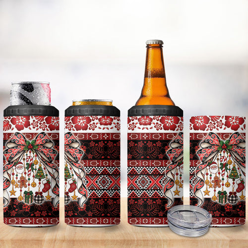 New Zealand Kowhaiwhai Taniko Christmas Bow 4 in 1 Can Cooler Tumbler Meri Kirihimete