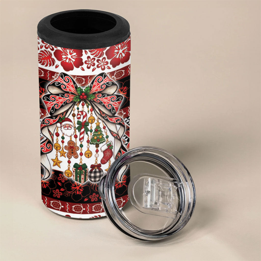New Zealand Kowhaiwhai Taniko Christmas Bow 4 in 1 Can Cooler Tumbler Meri Kirihimete