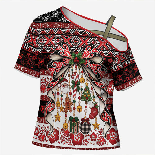 New Zealand Kowhaiwhai Taniko Christmas Bow Cross Shoulder Shirt Meri Kirihimete