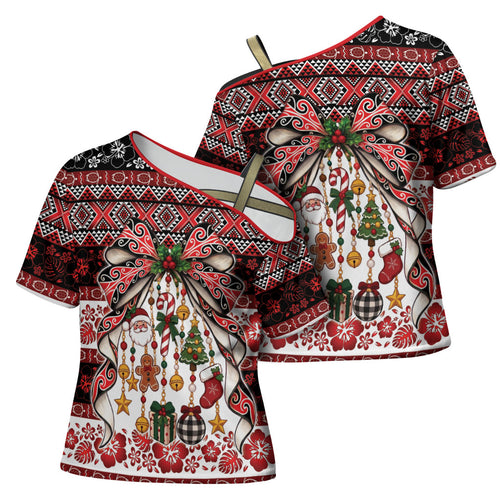 New Zealand Kowhaiwhai Taniko Christmas Bow Cross Shoulder Shirt Meri Kirihimete