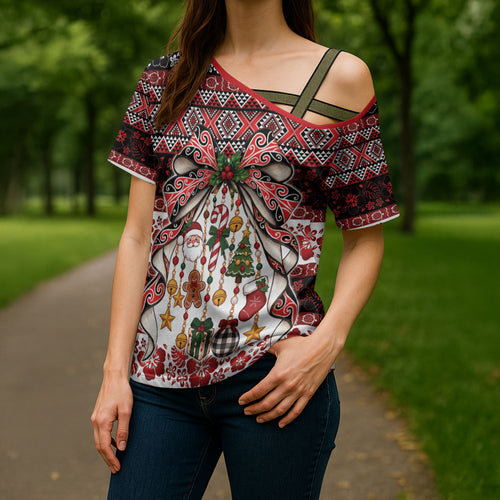 New Zealand Kowhaiwhai Taniko Christmas Bow Cross Shoulder Shirt Meri Kirihimete