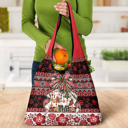 New Zealand Kowhaiwhai Taniko Christmas Bow Grocery Bag Meri Kirihimete