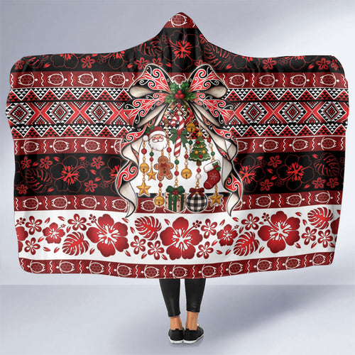 New Zealand Kowhaiwhai Taniko Christmas Bow Hooded Blanket Meri Kirihimete