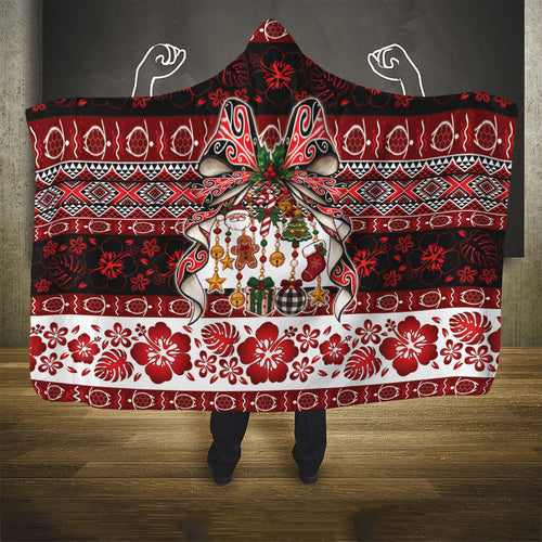 New Zealand Kowhaiwhai Taniko Christmas Bow Hooded Blanket Meri Kirihimete