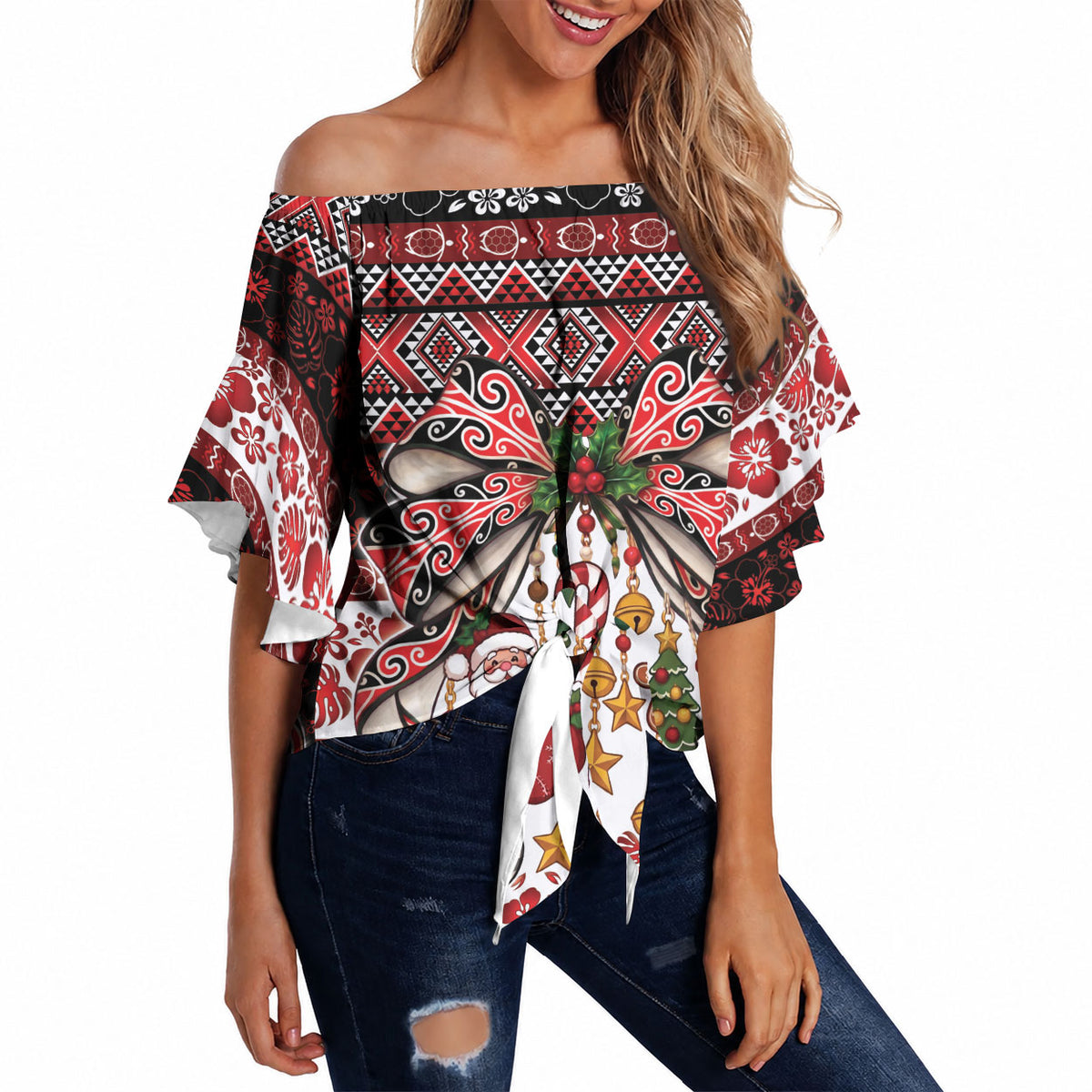 New Zealand Kowhaiwhai Taniko Christmas Bow Off Shoulder Wrap Waist Top Meri Kirihimete