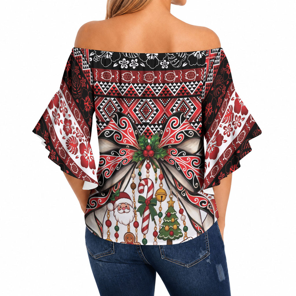 New Zealand Kowhaiwhai Taniko Christmas Bow Off Shoulder Wrap Waist Top Meri Kirihimete