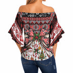 New Zealand Kowhaiwhai Taniko Christmas Bow Off Shoulder Wrap Waist Top Meri Kirihimete