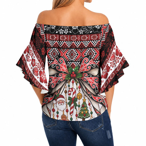 New Zealand Kowhaiwhai Taniko Christmas Bow Off Shoulder Wrap Waist Top Meri Kirihimete