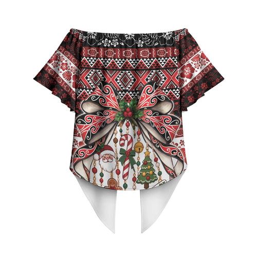 New Zealand Kowhaiwhai Taniko Christmas Bow Off Shoulder Wrap Waist Top Meri Kirihimete