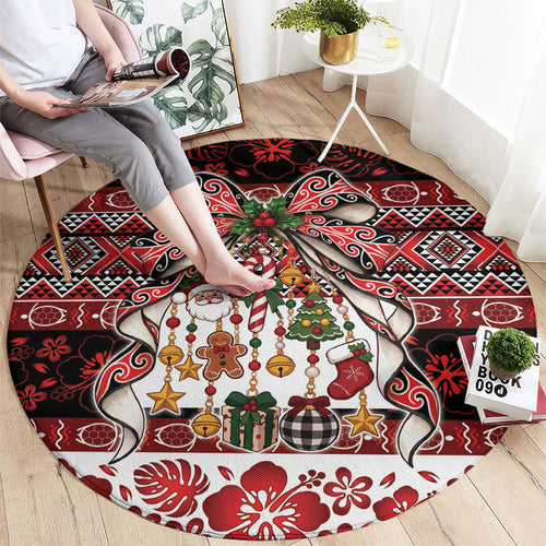 New Zealand Kowhaiwhai Taniko Christmas Bow Round Carpet Meri Kirihimete