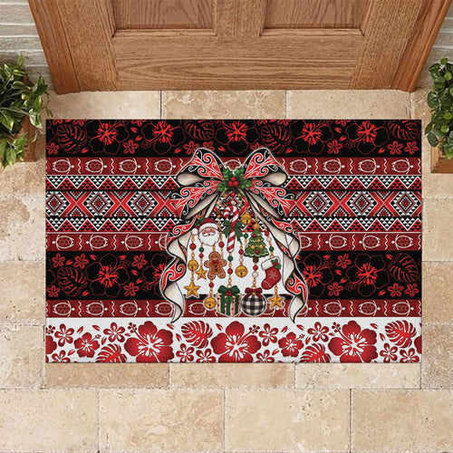 New Zealand Kowhaiwhai Taniko Christmas Bow Rubber Doormat Meri Kirihimete