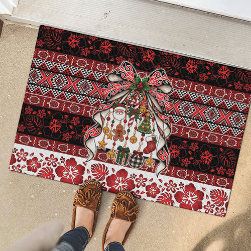New Zealand Kowhaiwhai Taniko Christmas Bow Rubber Doormat Meri Kirihimete