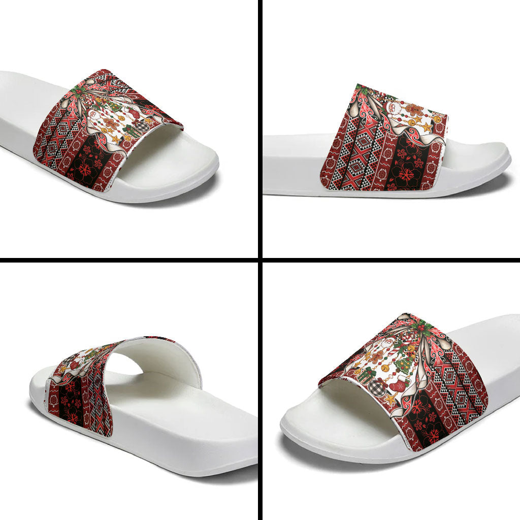 New Zealand Kowhaiwhai Taniko Christmas Bow Slide Sandals Meri Kirihimete