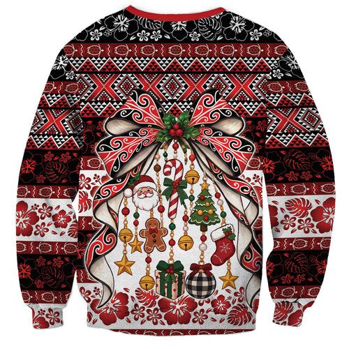 New Zealand Kowhaiwhai Taniko Christmas Bow Sweatshirt Meri Kirihimete