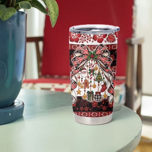 New Zealand Kowhaiwhai Taniko Christmas Bow Tumbler Cup Meri Kirihimete