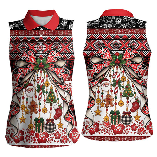 New Zealand Kowhaiwhai Taniko Christmas Bow Women Sleeveless Polo Shirt Meri Kirihimete