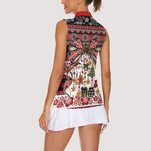 New Zealand Kowhaiwhai Taniko Christmas Bow Women Sleeveless Polo Shirt Meri Kirihimete