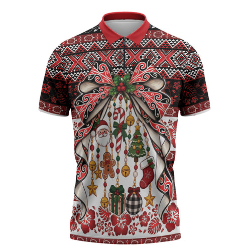 New Zealand Kowhaiwhai Taniko Christmas Bow Zipper Polo Shirt Meri Kirihimete