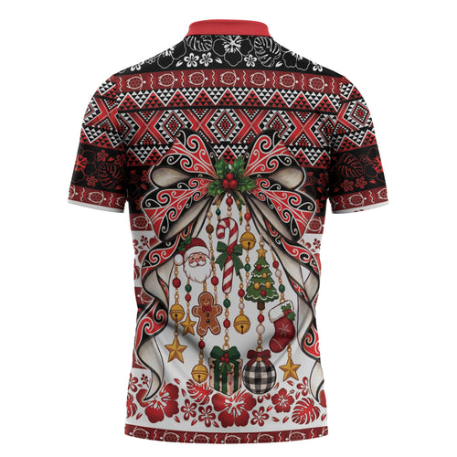 New Zealand Kowhaiwhai Taniko Christmas Bow Zipper Polo Shirt Meri Kirihimete