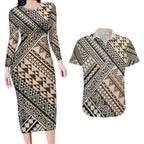 Niho Taniwha Kowhaiwhai Couples Matching Long Sleeve Bodycon Dress and Hawaiian Shirt