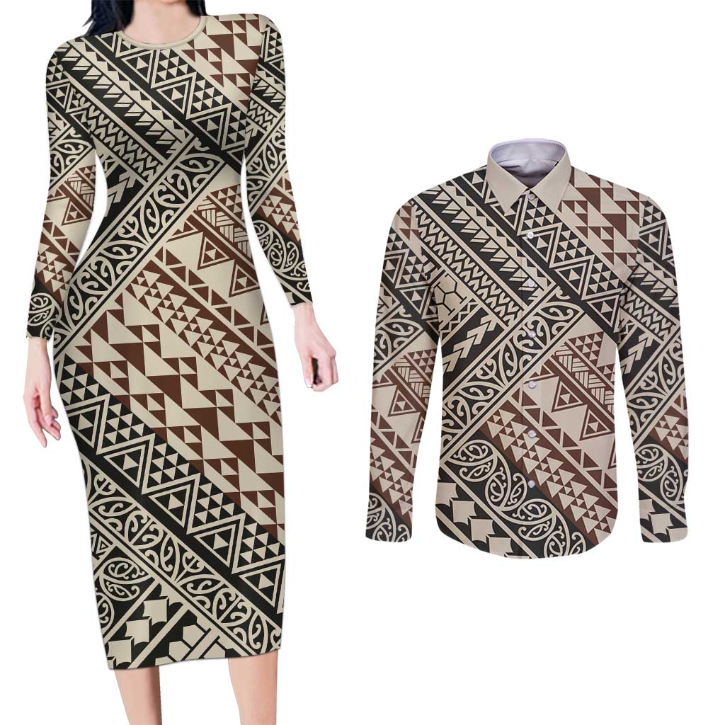 Niho Taniwha Kowhaiwhai Couples Matching Long Sleeve Bodycon Dress and Long Sleeve Button Shirt