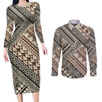 Niho Taniwha Kowhaiwhai Couples Matching Long Sleeve Bodycon Dress and Long Sleeve Button Shirt