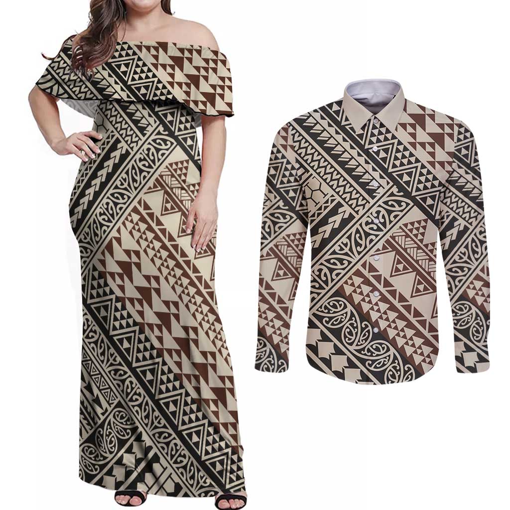 Niho Taniwha Kowhaiwhai Couples Matching Off Shoulder Maxi Dress and Long Sleeve Button Shirt