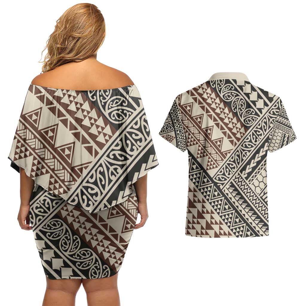 Niho Taniwha Kowhaiwhai Couples Matching Off Shoulder Short Dress and Hawaiian Shirt