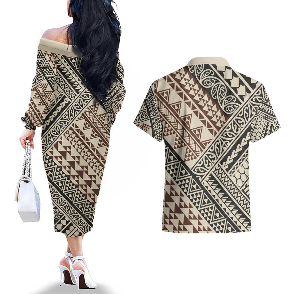 Niho Taniwha Kowhaiwhai Couples Matching Off The Shoulder Long Sleeve Dress and Hawaiian Shirt