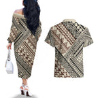 Niho Taniwha Kowhaiwhai Couples Matching Off The Shoulder Long Sleeve Dress and Hawaiian Shirt