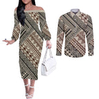 Niho Taniwha Kowhaiwhai Couples Matching Off The Shoulder Long Sleeve Dress and Long Sleeve Button Shirt